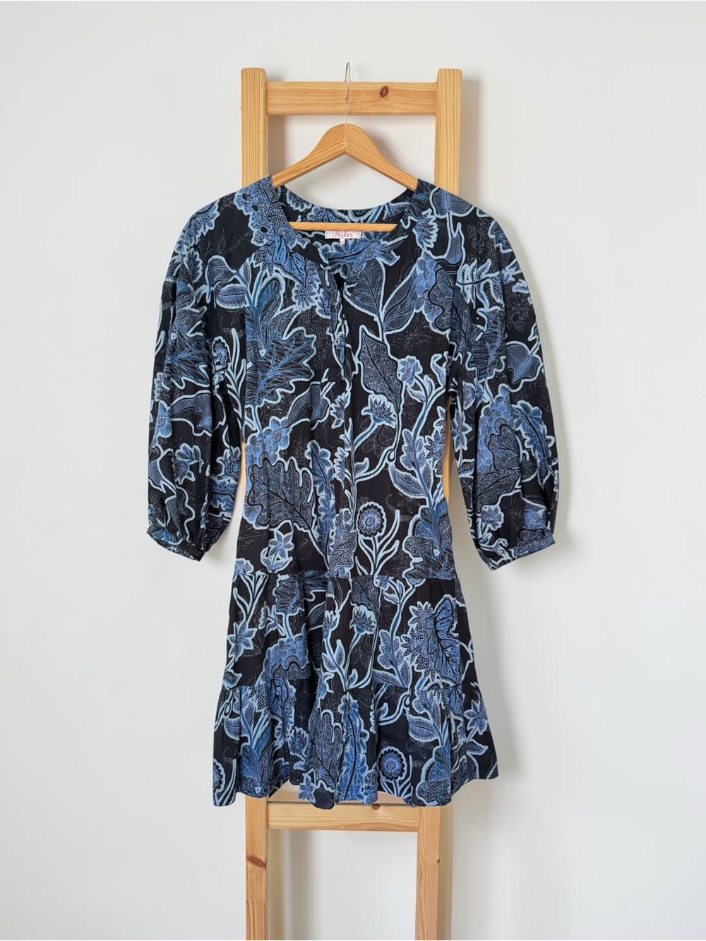 Parker Floral Cotton Mini Dress Size XXS Blue Black Botanical Print